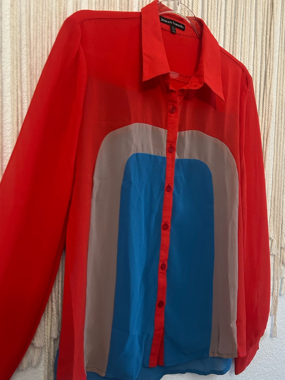 Jealous tomato Sheer Colorblock Button-Up Blouse Red Blue Gray Retro Office Top - Picture 10 of 15
